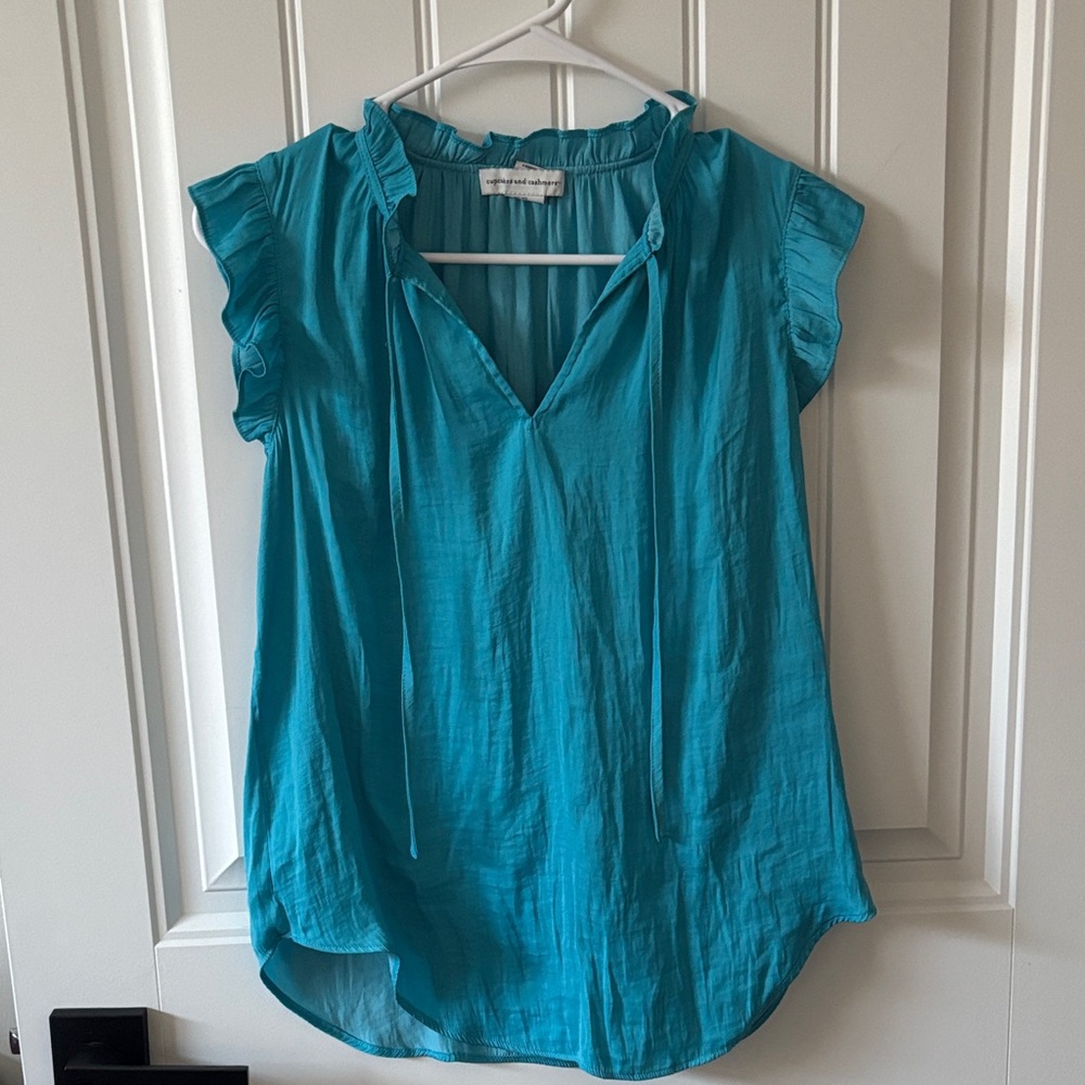 cupcakes & cashmere Teal Blouse with Ruffle Detail